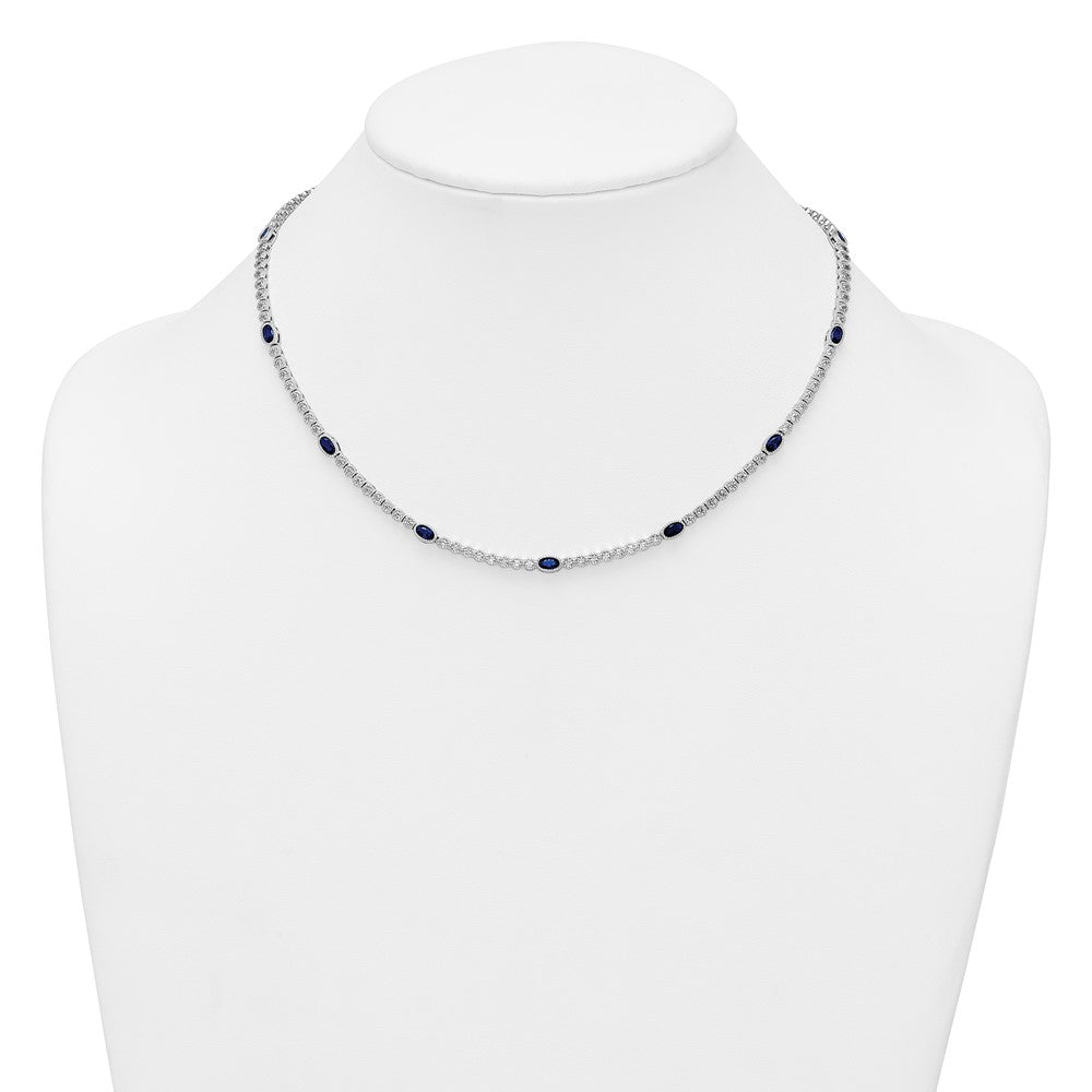 Sterling Silver Rhodium-plated Polished and Beaded Fancy Oval Blue and Round White CZ 17 Inch Necklace
