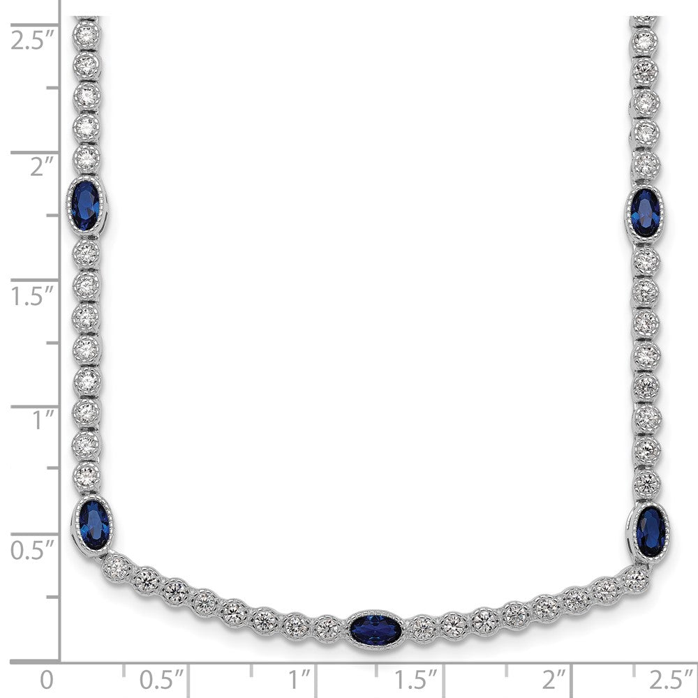 Sterling Silver Rhodium-plated Polished and Beaded Fancy Oval Blue and Round White CZ 17 Inch Necklace