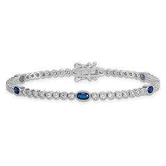 Sterling Silver Rhodium-plated Polished and Beaded Fancy Oval Blue and Round White CZ 7 Inch Bracelet