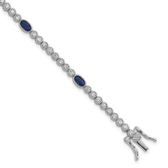 Sterling Silver Rhodium-plated Polished and Beaded Fancy Oval Blue and Round White CZ 7 Inch Bracelet