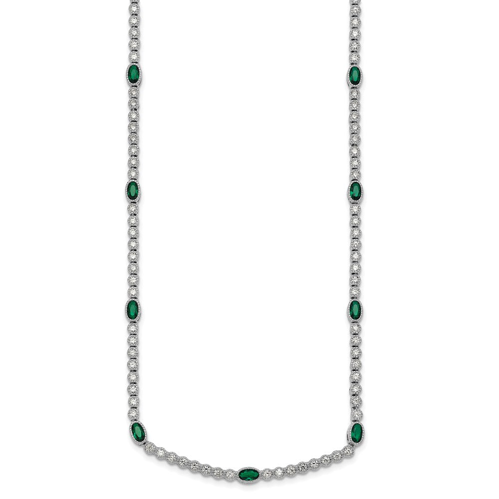 Sterling Silver Rhodium-plated Polished and Beaded Fancy Oval Green and Round White CZ 17 Inch Necklace