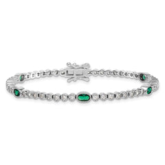 Sterling Silver Rhodium-plated Polished and Beaded Fancy Oval Green and Round White CZ 7 Inch Bracelet