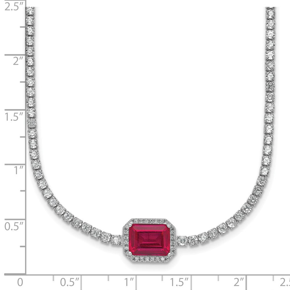 Sterling Silver Rhodium-plated Polished Fancy Emerald-cut Red and White CZ Halo 16 Inch with 2 Inch Extension Necklace