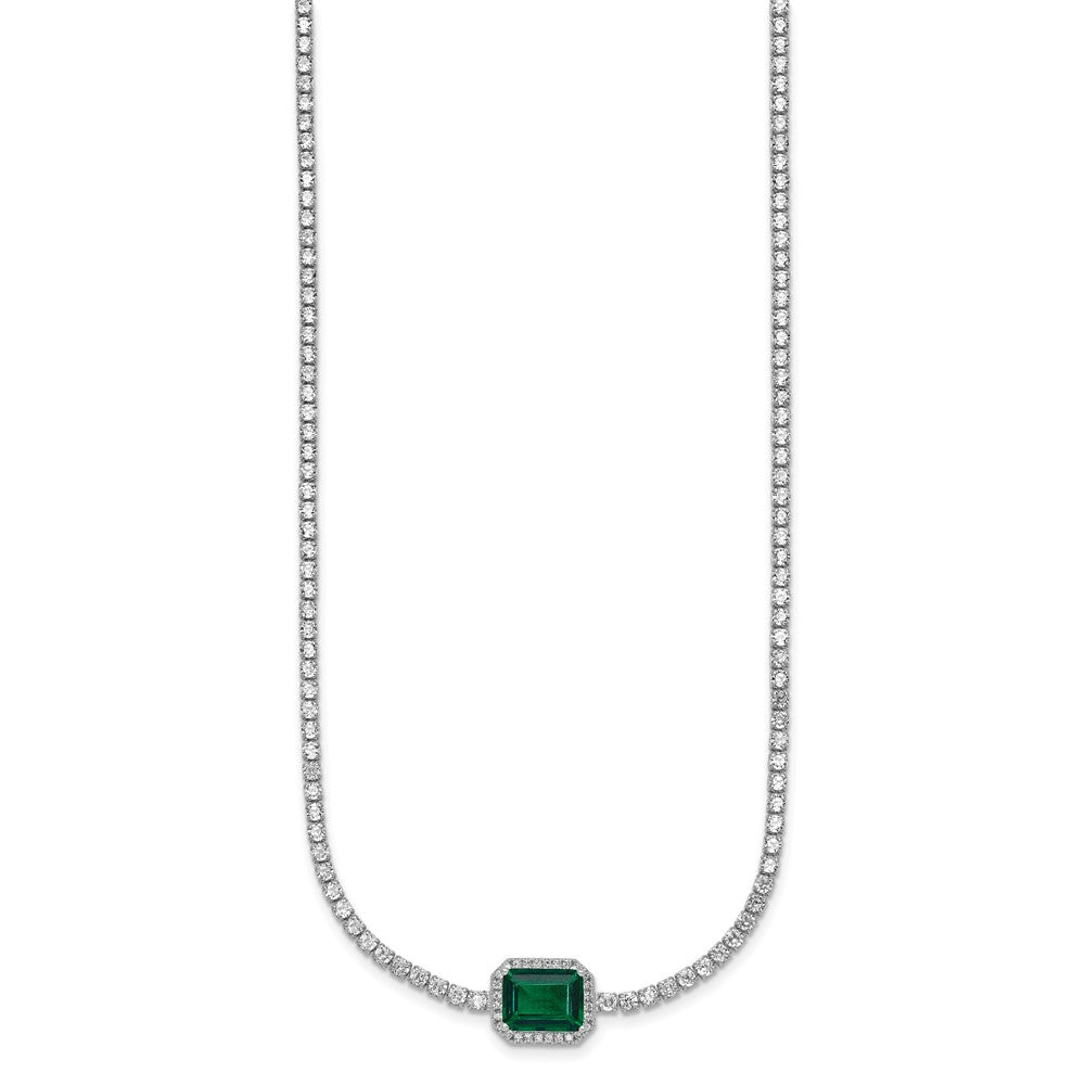Sterling Silver Rhodium-plated Polished Fancy Emerald-cut Green and White CZ Halo 16 Inch with 2 Inch Extension Necklace