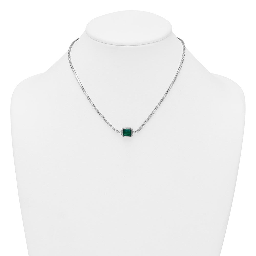Sterling Silver Rhodium-plated Polished Fancy Emerald-cut Green and White CZ Halo 16 Inch with 2 Inch Extension Necklace
