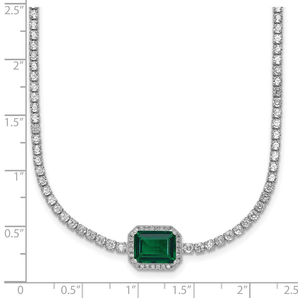 Sterling Silver Rhodium-plated Polished Fancy Emerald-cut Green and White CZ Halo 16 Inch with 2 Inch Extension Necklace