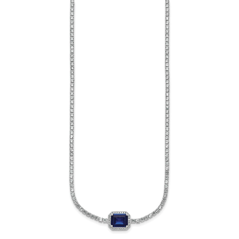 Sterling Silver Rhodium-plated Polished Fancy Emerald-cut Blue and White CZ Halo 16 Inch with 2 Inch Extension Necklace
