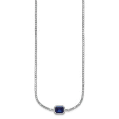 Sterling Silver Rhodium-plated Polished Fancy Emerald-cut Blue and White CZ Halo 16 Inch with 2 Inch Extension Necklace