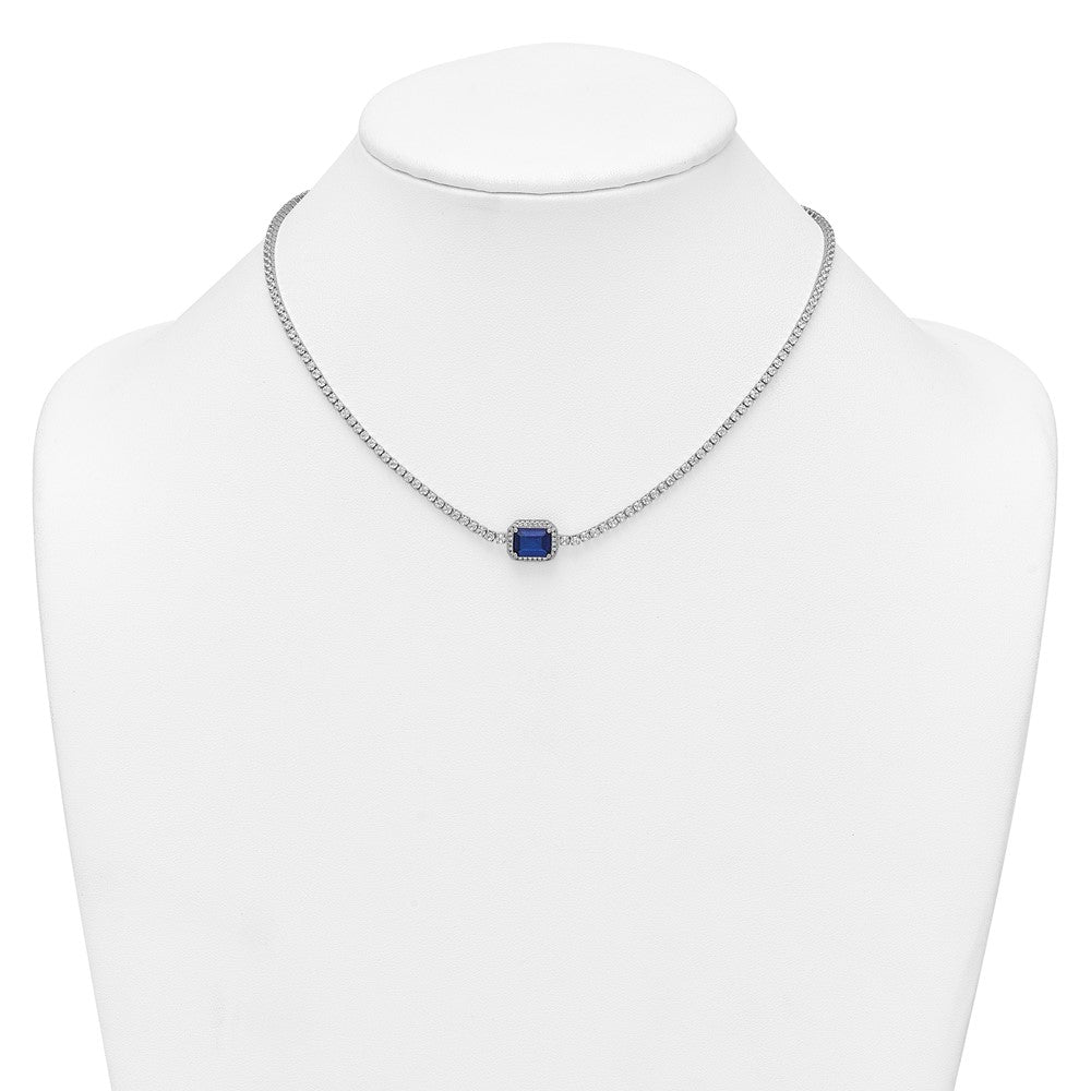 Sterling Silver Rhodium-plated Polished Fancy Emerald-cut Blue and White CZ Halo 16 Inch with 2 Inch Extension Necklace