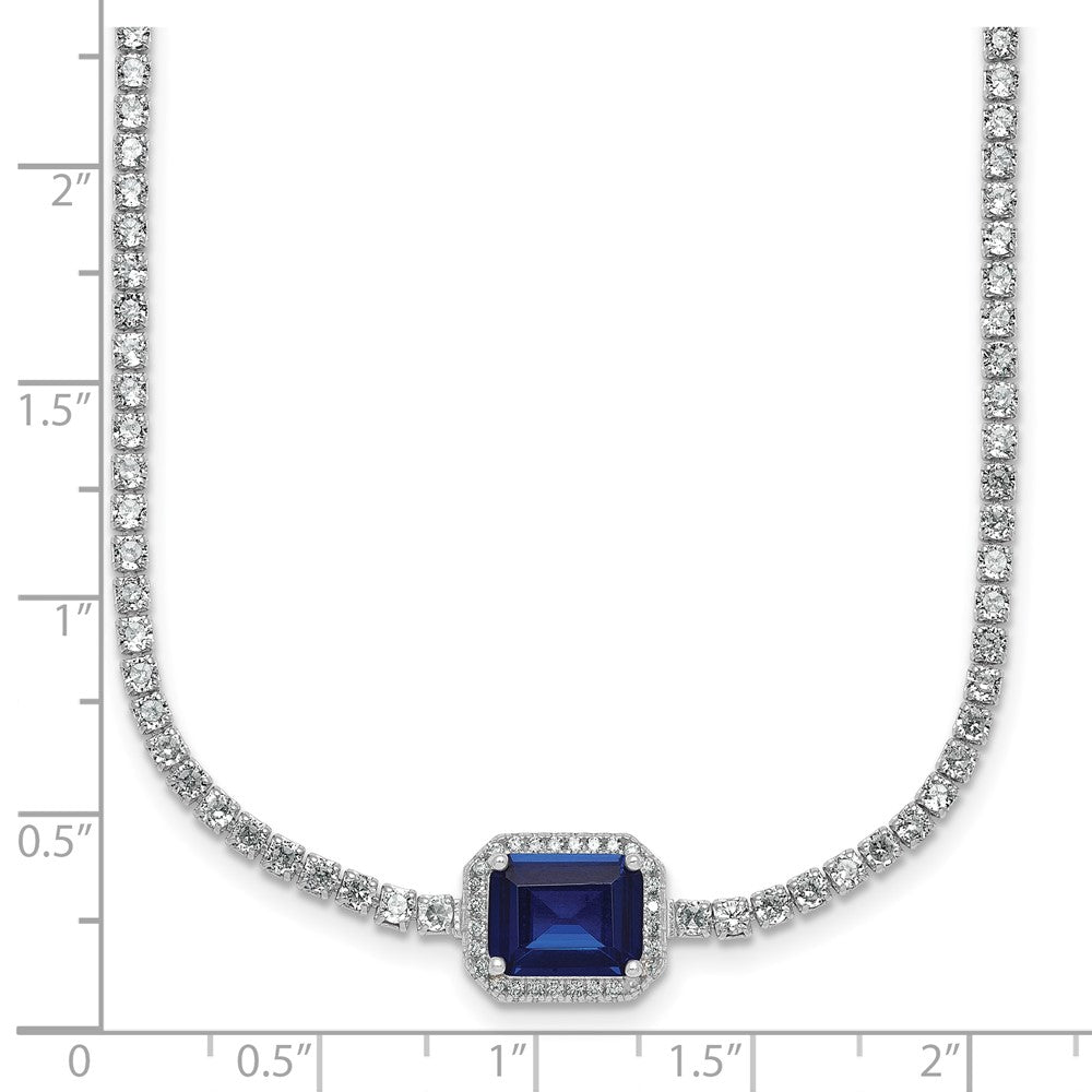 Sterling Silver Rhodium-plated Polished Fancy Emerald-cut Blue and White CZ Halo 16 Inch with 2 Inch Extension Necklace