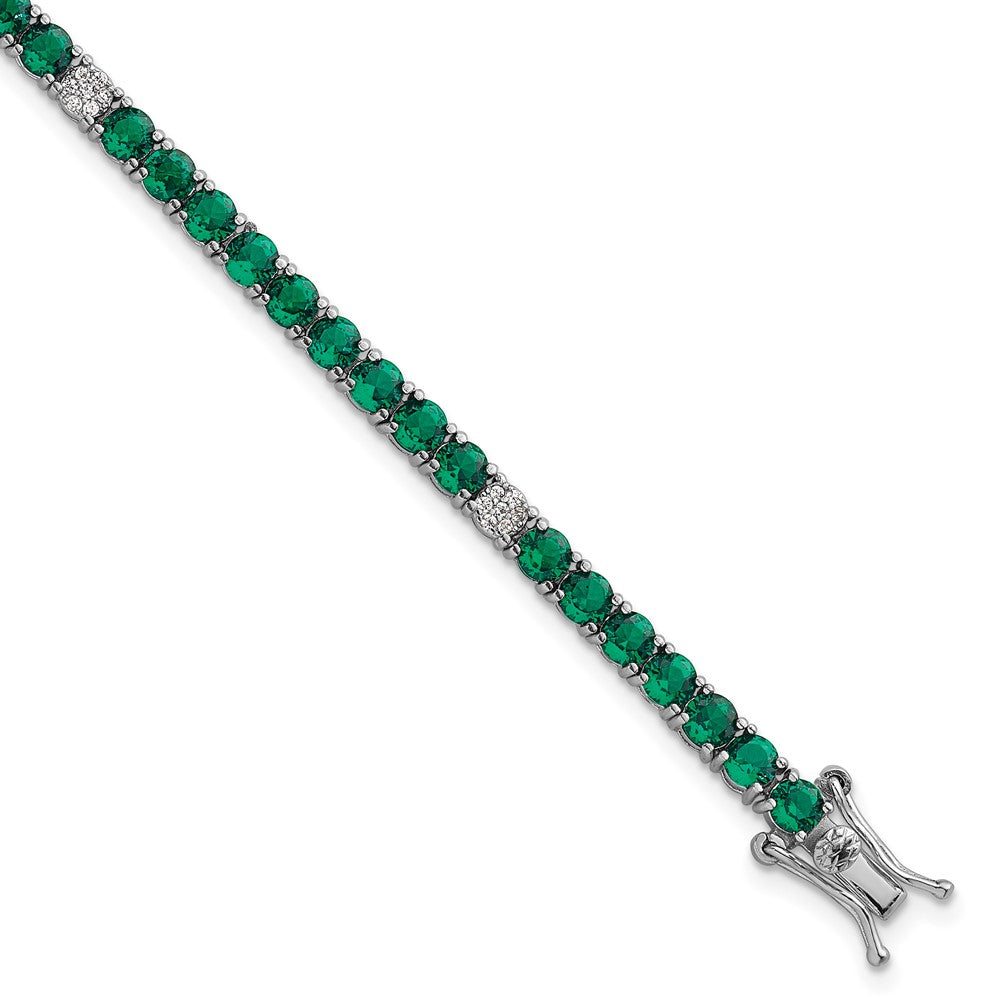 Sterling Silver Rhodium-plated Polished Round Green and White CZ 7 Inch Bracelet