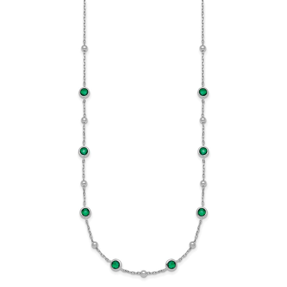 Sterling Silver Rhodium-plated Polished and Beaded Bezel-set Round Green CZ 16 Inch with 2 Inch Extension Necklace