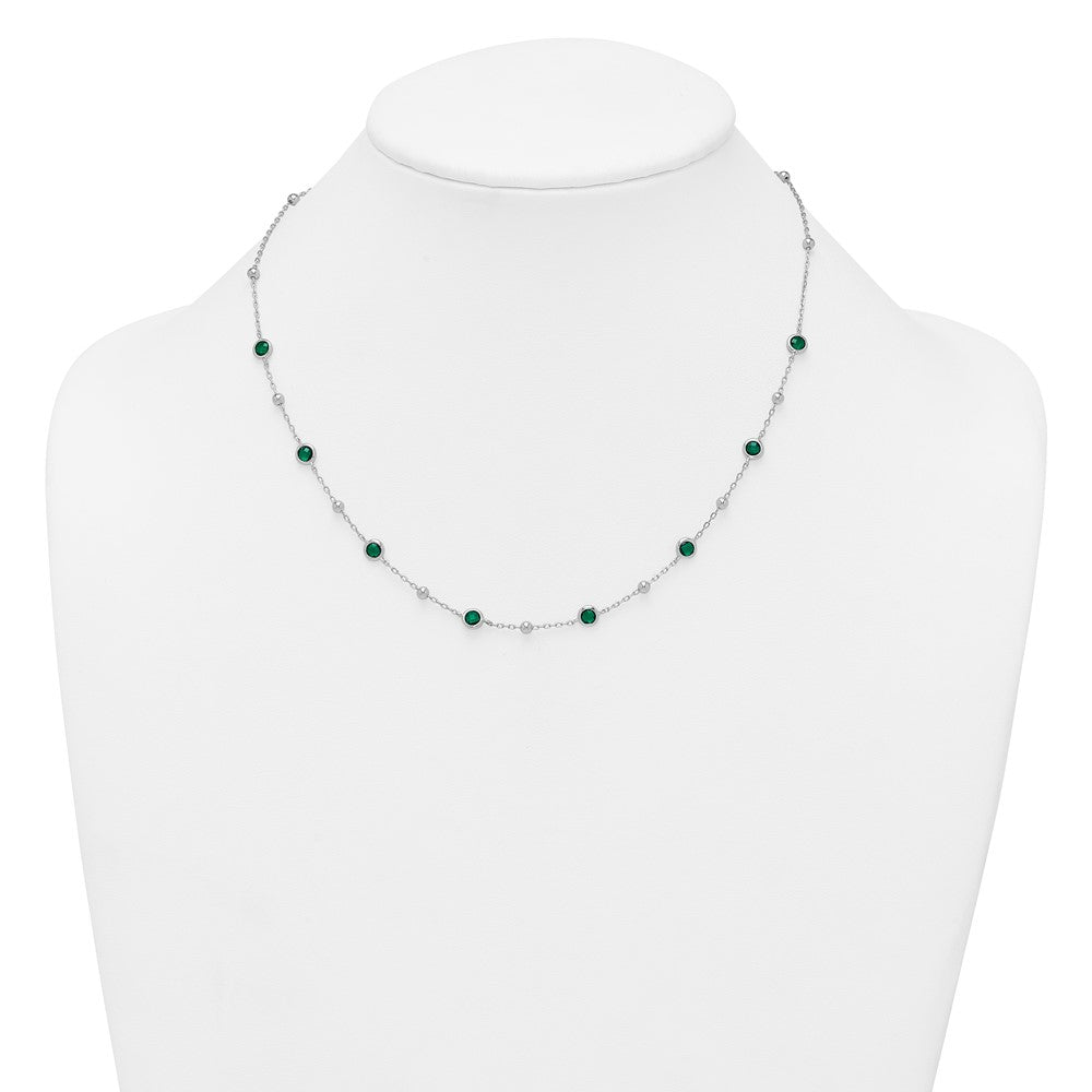 Sterling Silver Rhodium-plated Polished and Beaded Bezel-set Round Green CZ 16 Inch with 2 Inch Extension Necklace