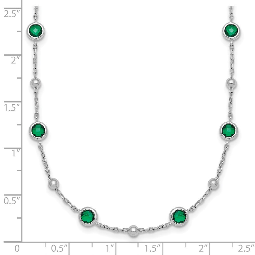 Sterling Silver Rhodium-plated Polished and Beaded Bezel-set Round Green CZ 16 Inch with 2 Inch Extension Necklace