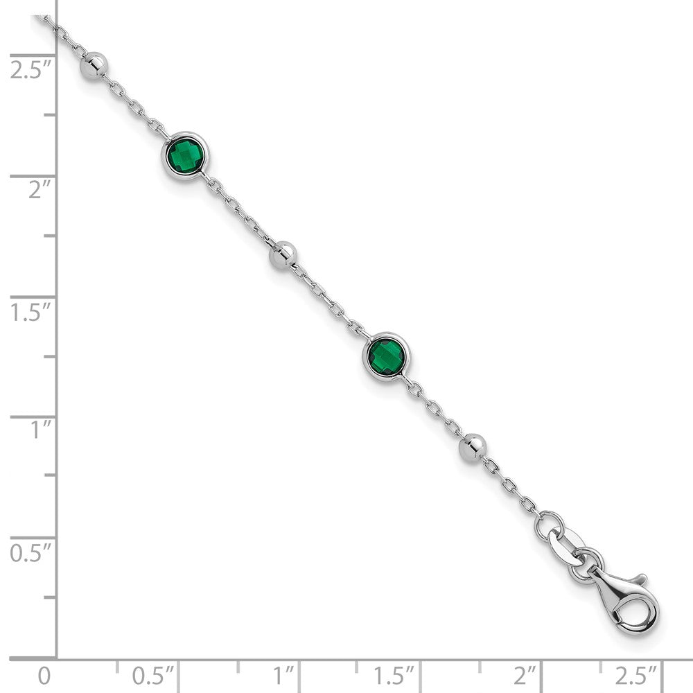 Sterling Silver Rhodium-plated Polished and Beaded Bezel-set Round Green CZ 7 Inch with 1 Inch Extension Bracelet