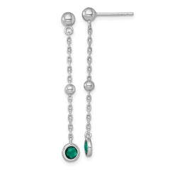 Sterling Silver Rhodium-plated Polished Bezel-set Round Green CZ Dangle Post Earrings