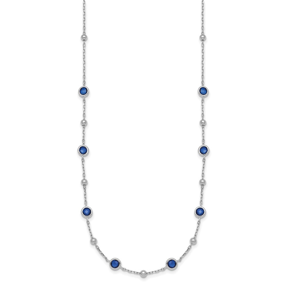 Sterling Silver Rhodium-plated Polished and Beaded Bezel-set Round Blue CZ 16 Inch with 2 Inch Extension Necklace