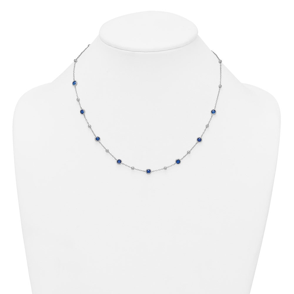 Sterling Silver Rhodium-plated Polished and Beaded Bezel-set Round Blue CZ 16 Inch with 2 Inch Extension Necklace