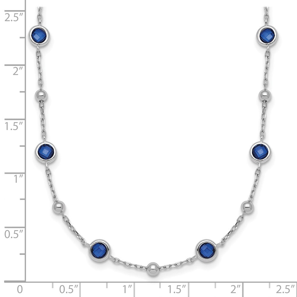 Sterling Silver Rhodium-plated Polished and Beaded Bezel-set Round Blue CZ 16 Inch with 2 Inch Extension Necklace