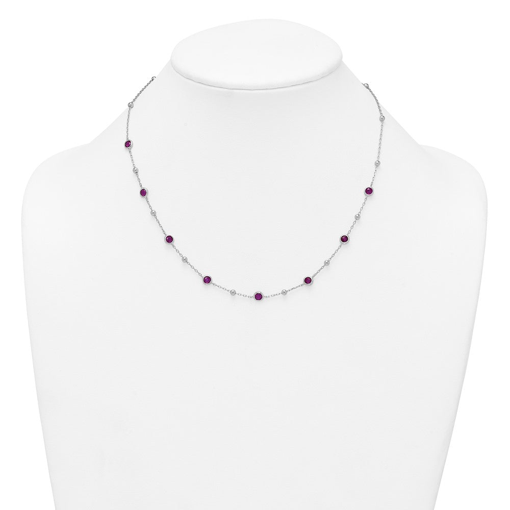 Sterling Silver Rhodium-plated Polished and Beaded Bezel-set Round Red CZ 16 Inch with 2 Inch Extension Necklace