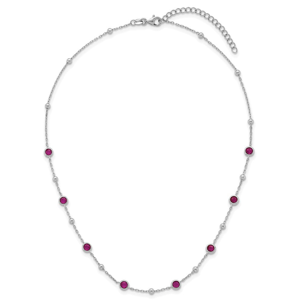 Sterling Silver Rhodium-plated Polished and Beaded Bezel-set Round Red CZ 16 Inch with 2 Inch Extension Necklace