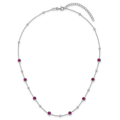 Sterling Silver Rhodium-plated Polished and Beaded Bezel-set Round Red CZ 16 Inch with 2 Inch Extension Necklace