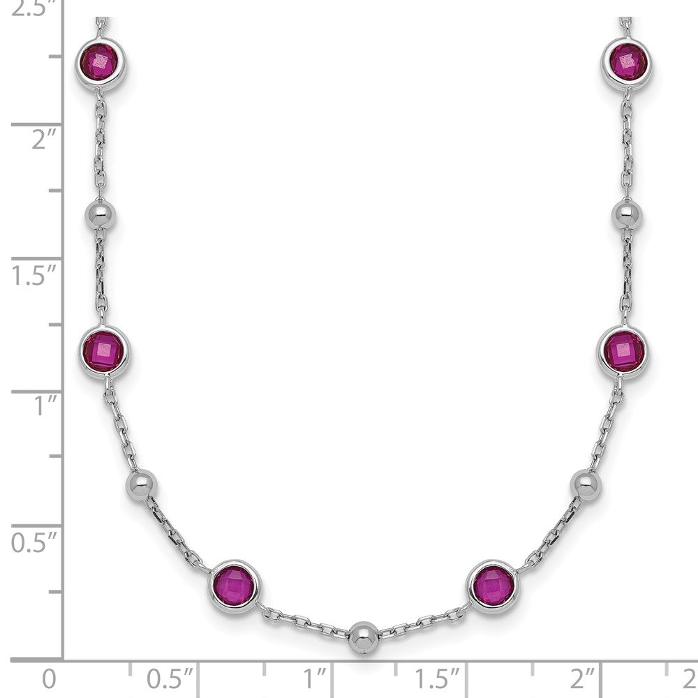 Sterling Silver Rhodium-plated Polished and Beaded Bezel-set Round Red CZ 16 Inch with 2 Inch Extension Necklace