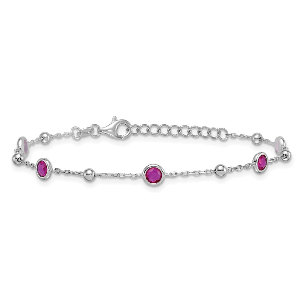 Sterling Silver Rhodium-plated Polished and Beaded Bezel-set Round Red CZ 7 Inch with 1 Inch Extension Bracelet