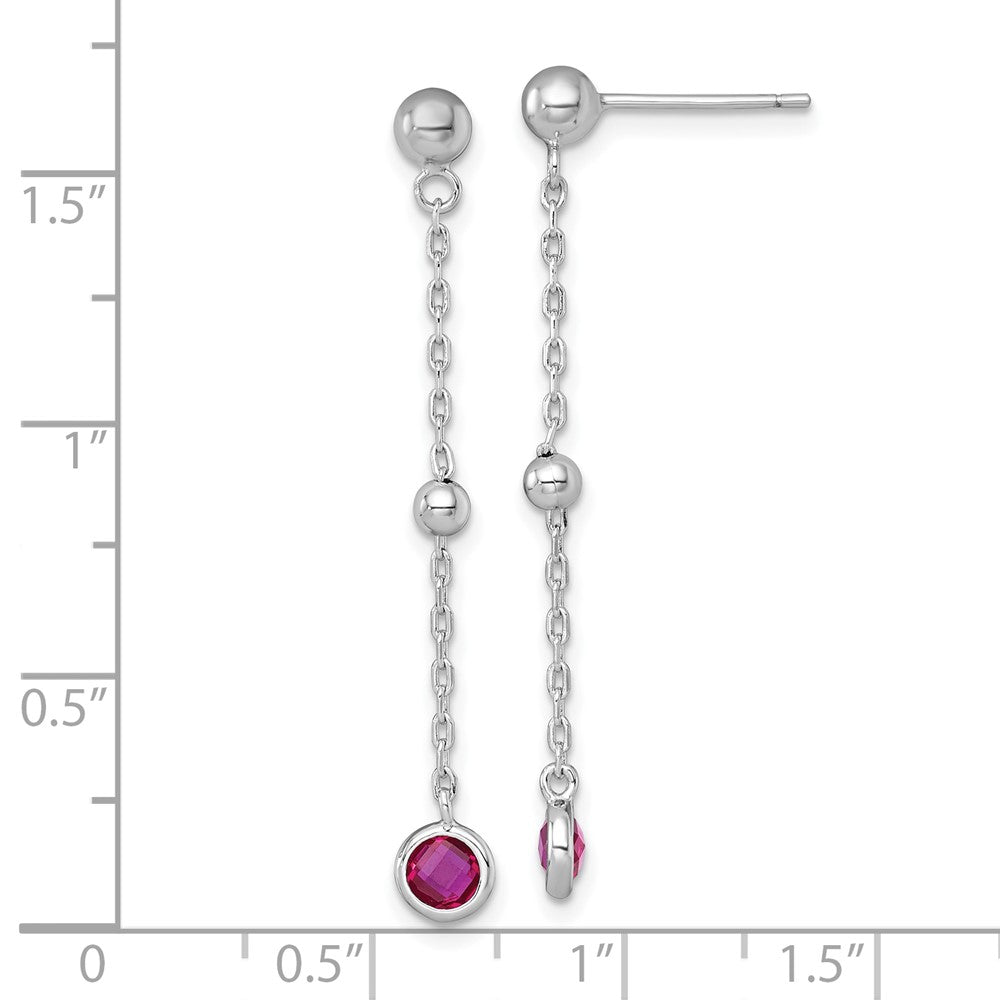 Sterling Silver Rhodium-plated Polished Bezel-set Round Red CZ Dangle Post Earrings