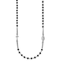 Sterling Silver Rhodium-plated Black Crystal 20 inch with 0.5 inch extender Rosary Themed Necklace