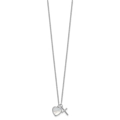 Sterling Silver Rhodium-plated Polished Mother of Pearl Heart and CZ Cross 14 Inch with 3 Inch Extension Children's Necklace