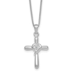 Sterling Silver Rhodium-plated Polished CZ Heart Cross 20 inch with 3 inch Extender Necklace