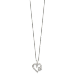Sterling Silver Polished White CZ Heart and Paw Print 16 inch Necklace