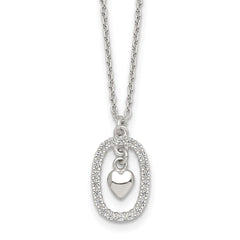 Sterling Silver Polished White CZ Oval with Dangle Heart 16 inch Necklace