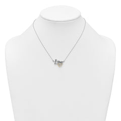 Sterling Silver Rhodium-plated with 14k Accent Polished CZ Love with Heart 16 inch with 2 inch Extension Necklace