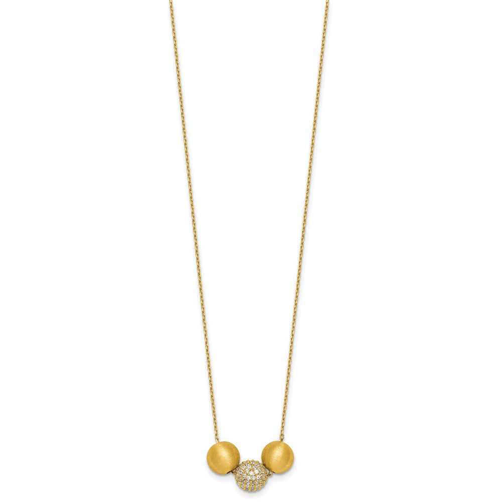 Sterling Silver Gold-Tone Polished and Brushed CZ Beads 16 Inch with 2 Inch Extension Necklace