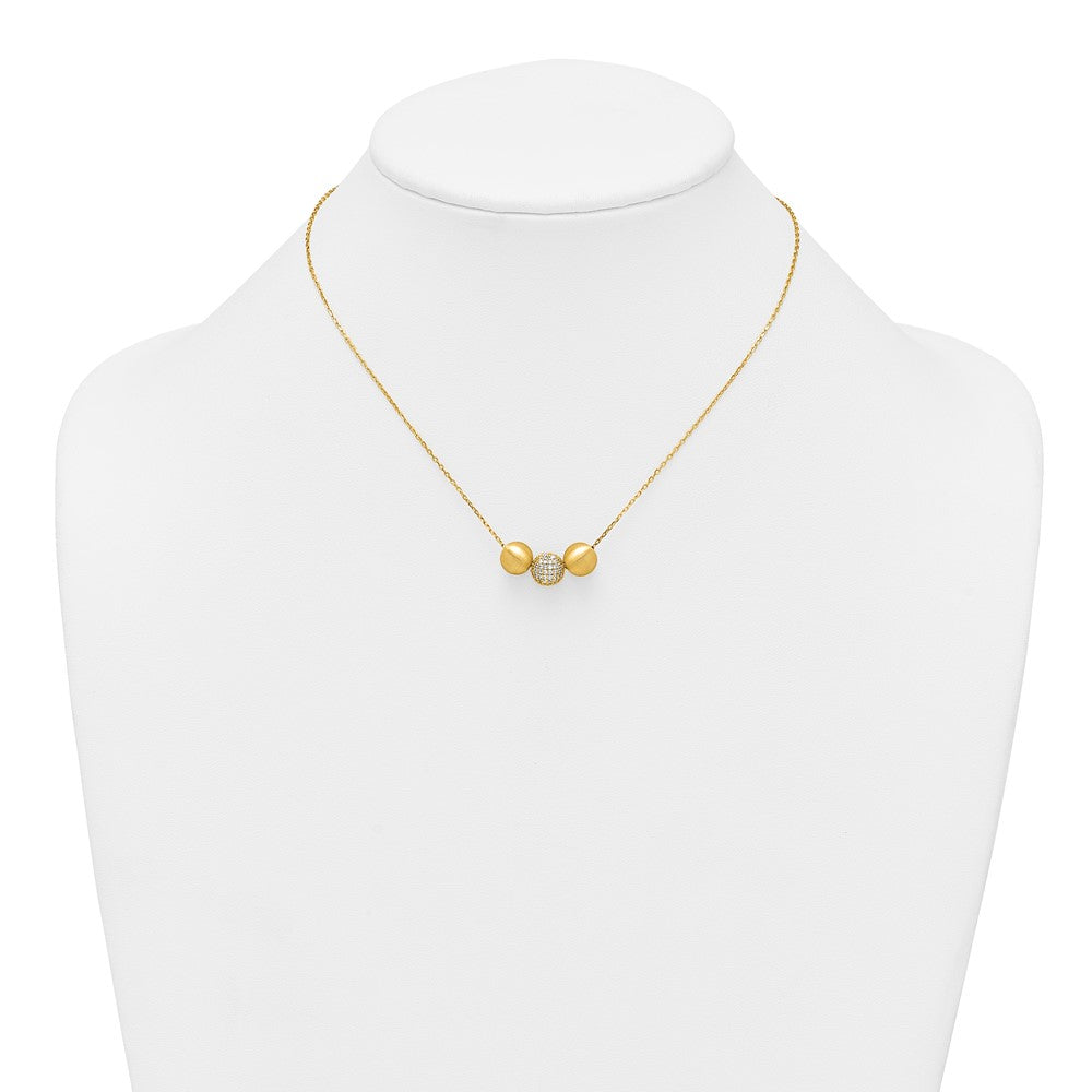 Sterling Silver Gold-Tone Polished and Brushed CZ Beads 16 Inch with 2 Inch Extension Necklace