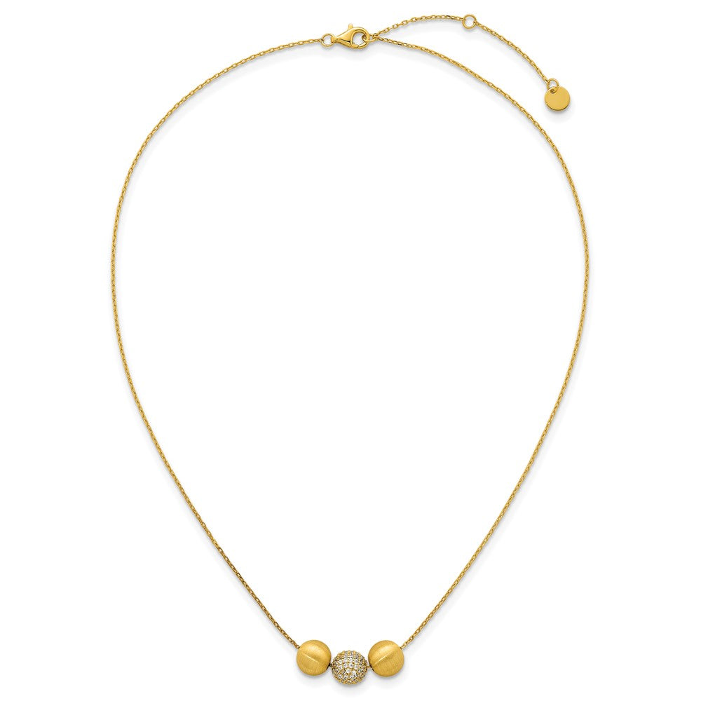 Sterling Silver Gold-Tone Polished and Brushed CZ Beads 16 Inch with 2 Inch Extension Necklace