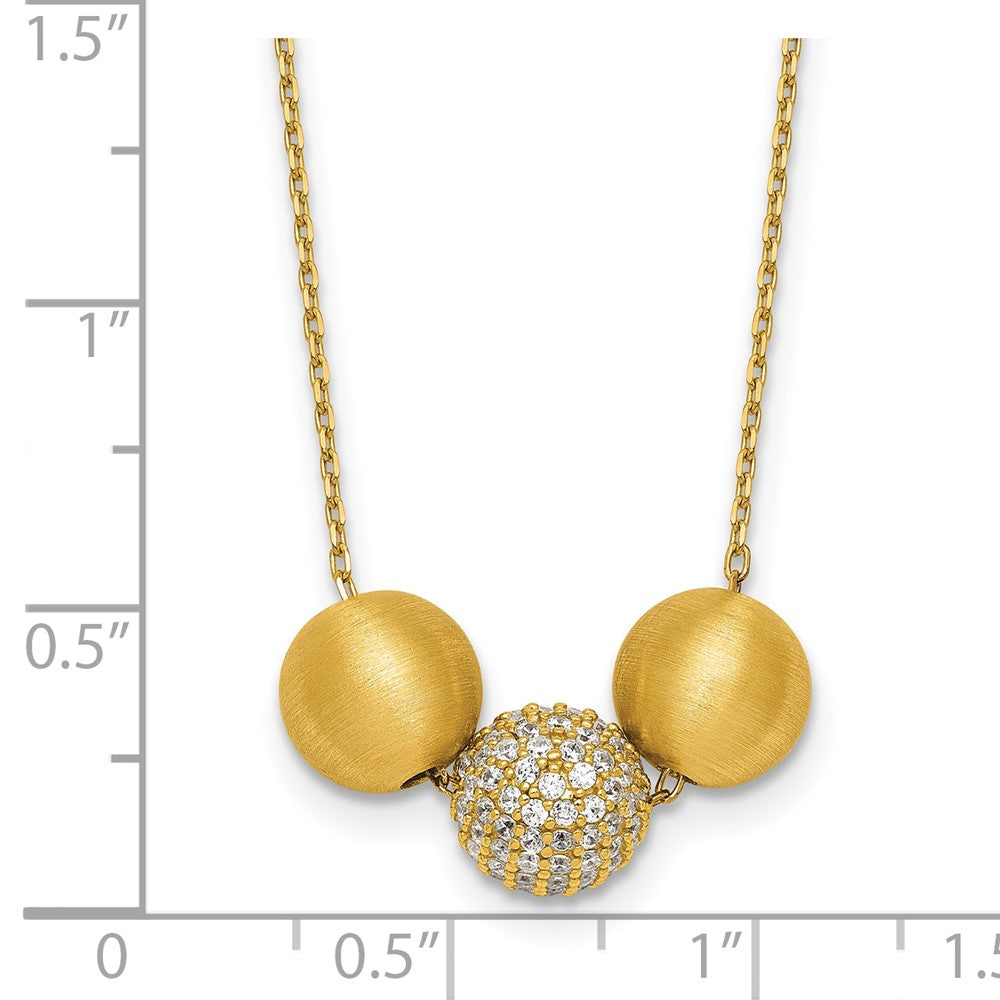 Sterling Silver Gold-Tone Polished and Brushed CZ Beads 16 Inch with 2 Inch Extension Necklace