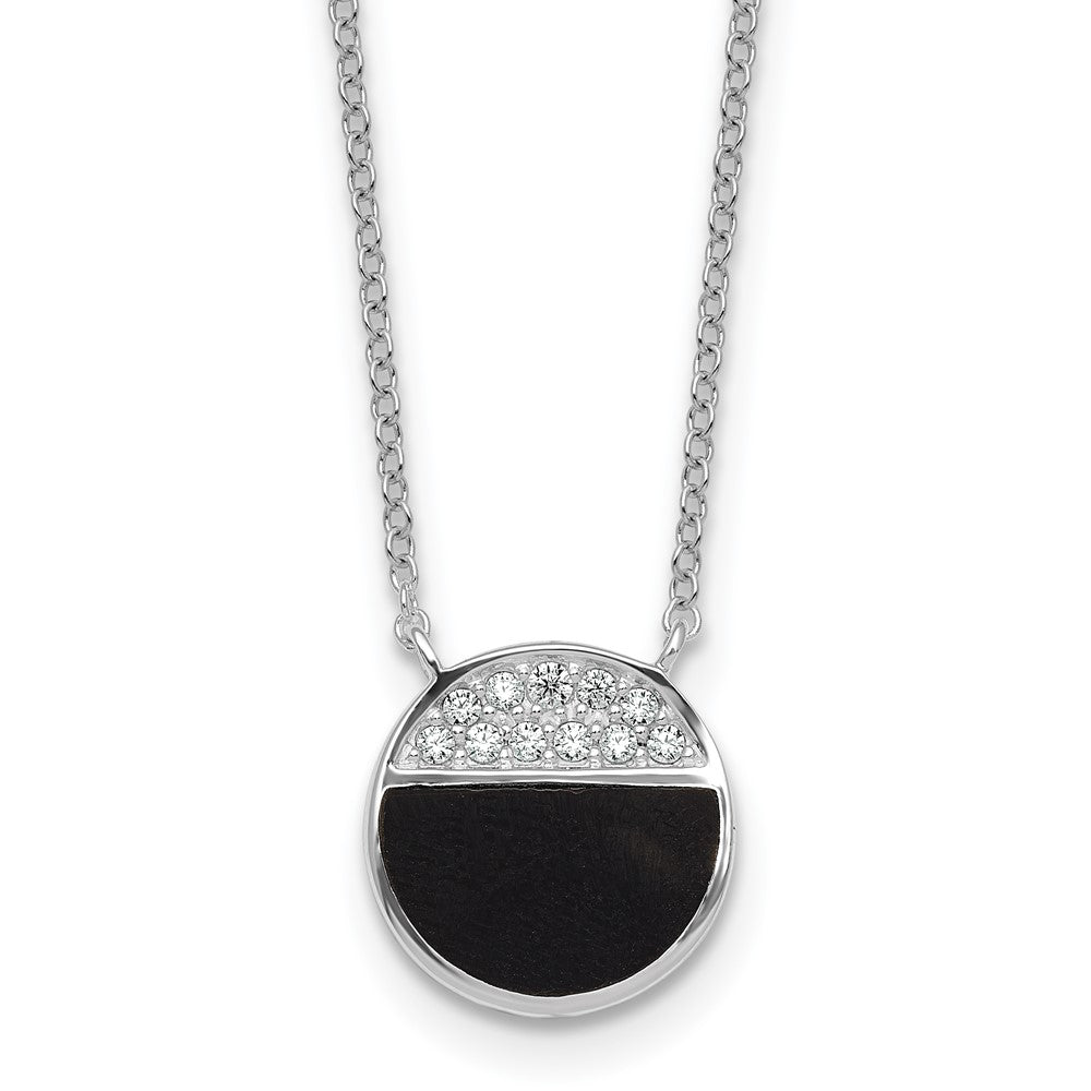 Sterling Silver Rhodium-plated Polished Black Onyx and CZ Circle 16 inch with 2 inch Extender Necklace