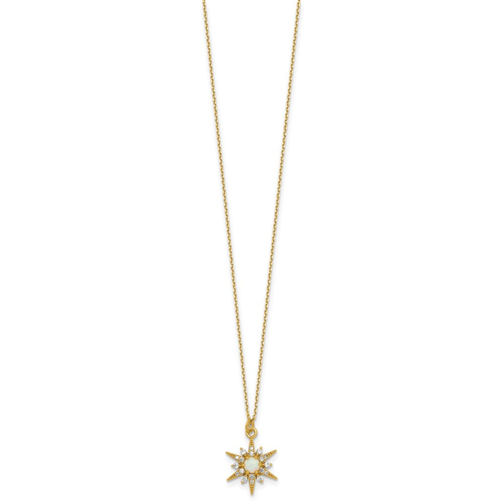 Sterling Silver Gold-Tone Polished Lab Created Opal and CZ Starburst 16 Inch with 2 Inch Extension Necklace