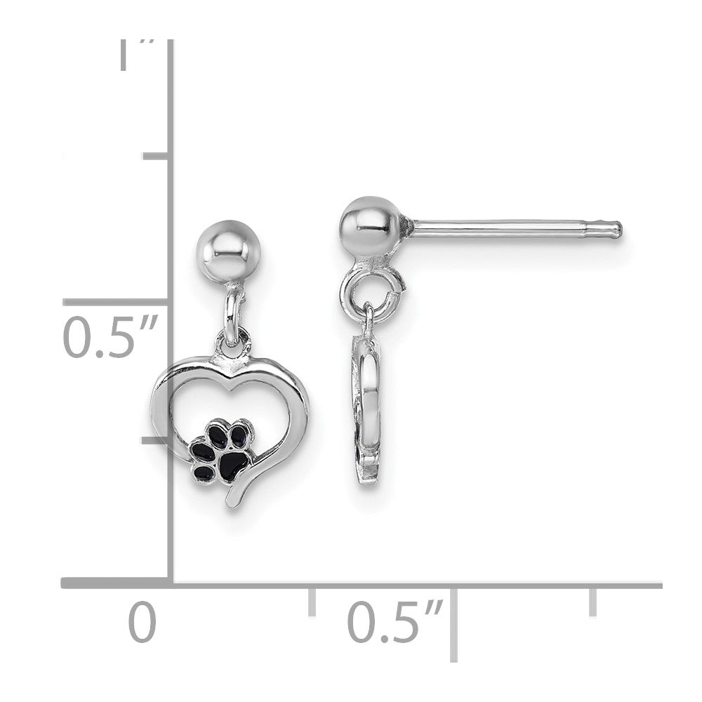 Sterling Silver Rhodium-plated Heart with Black Enameled Paw Print Post Dangle Earrings