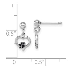 Sterling Silver Rhodium-plated Heart with Black Enameled Paw Print Post Dangle Earrings
