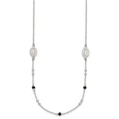 Sterling Silver Polished Textured Spanish Miraculous Medals with Black Glass Beads 16 inch Necklace