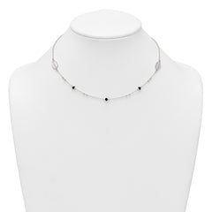 Sterling Silver Polished Textured Spanish Miraculous Medals with Black Glass Beads 16 inch Necklace