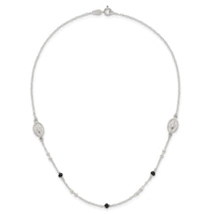 Sterling Silver Polished Textured Spanish Miraculous Medals with Black Glass Beads 16 inch Necklace