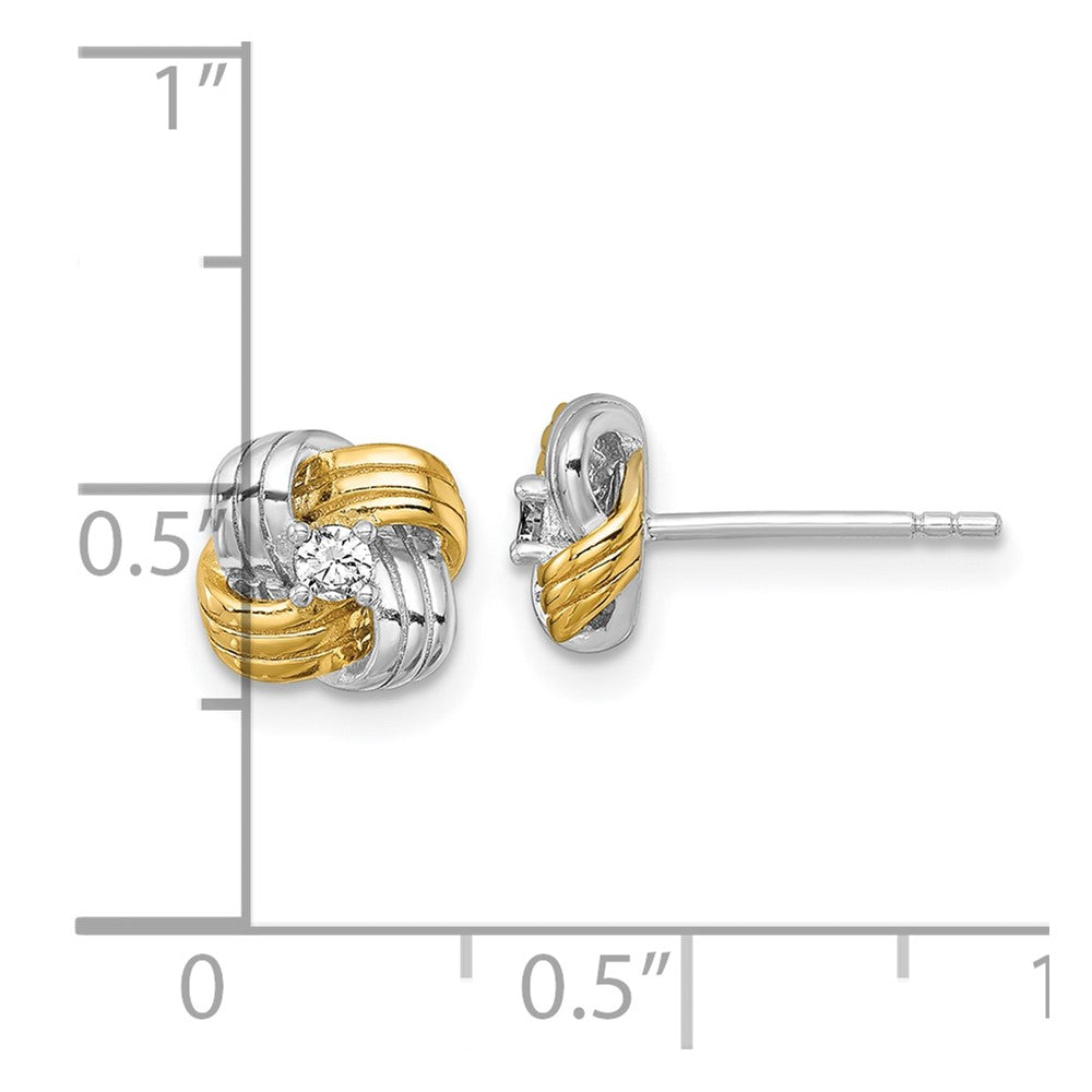 Sterling Silver Gold-tone and Rhodium-plated Polished CZ Knot Post Earrings