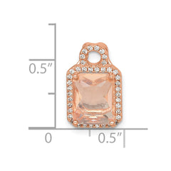 Sterling Silver Rose-tone Polished Pink Glass Stone and CZ Halo Chain Slide Pendant