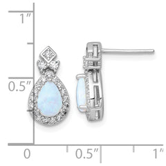 Sterling Silver Rhodium-plated Polished Lab Created Opal and CZ Teardrop Halo Dangle Post Earrings