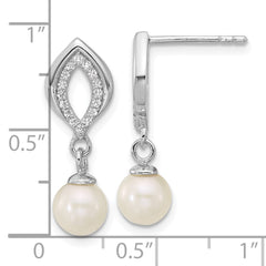 Sterling Silver Rhodium-plated Polished CZ and 5-6mm Freshwater Cultured Pearl Dangle Post Earrings